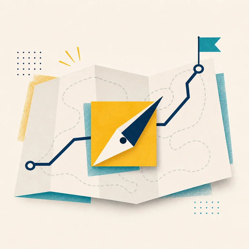 A teal editorial compass instrument representing strategic direction